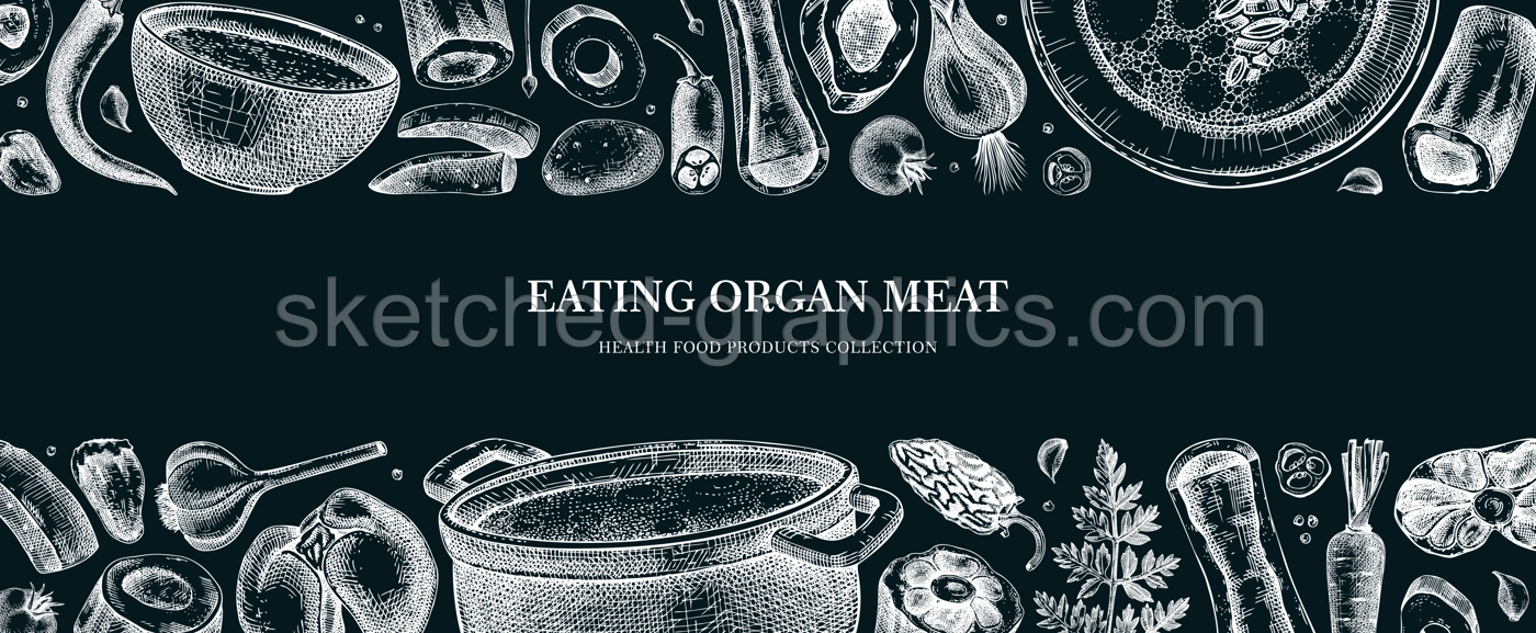 Healthy food background. Marrow bone broth banner. Hot soup on plates, pans, bowls, organ meat, vegetables, marrow bones sketches. Hand drawn vector illustrations. Homemade food on chalkboard Illustration
